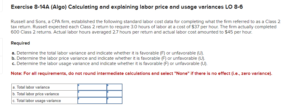 Exercise 8-14A (Algo) Calculating and explaining labor price and usage variances