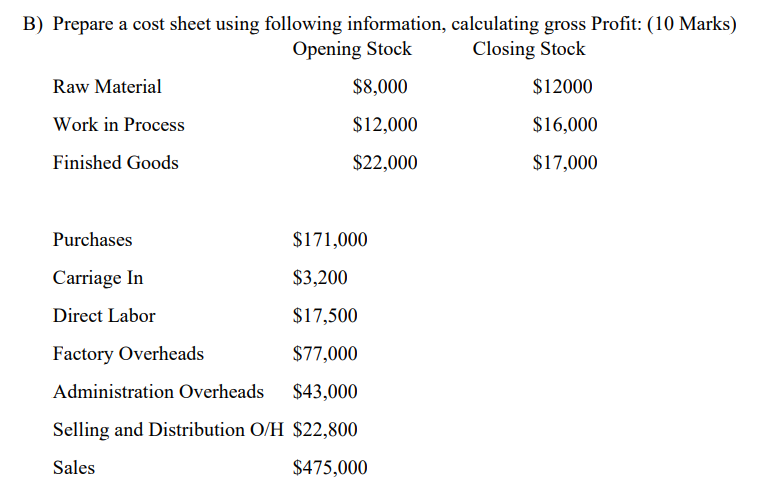 i need help with this question please Prepare a cost sheet using
