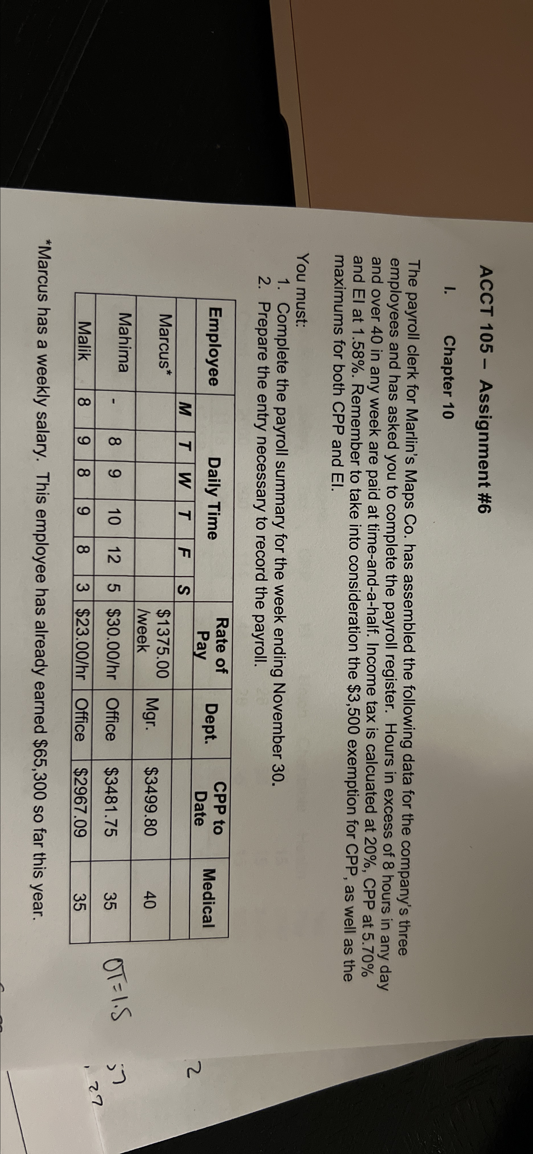  ACCT 105- Assignment #6 I. Chapter 10 The payroll clerk for