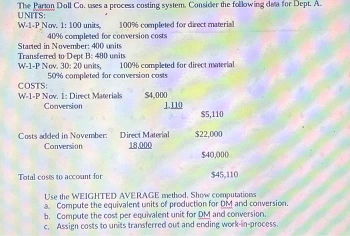  The Parton Doll Co. uses a process costing system. Consider the