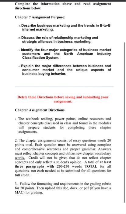  Complete the information above and read assignment directions below. Chapter 7