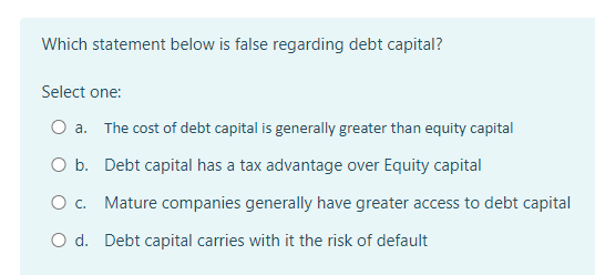  Which statement below is false regarding debt capital? Select one: a.