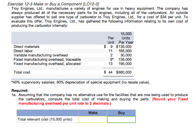  Exercise 12-3 Make or Buy a Component (LO 12-3] Troy Engines.
