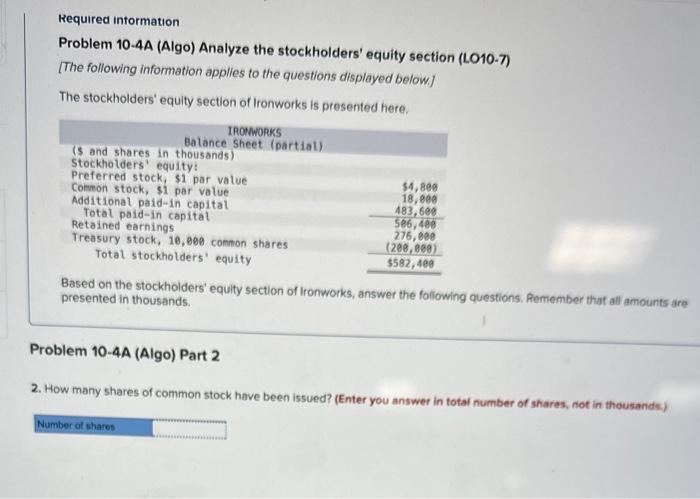 information applies to the questions displayed below.] The stockholders' equity section of