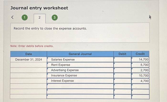 to close the revenue accounts. Note: Enter debits before credits. Required: 1.