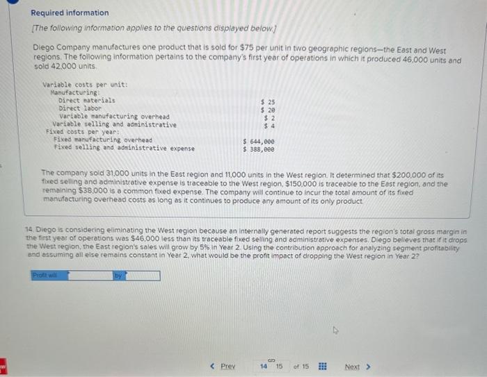 the questions displayed below.] Diego Company manufactures one product that is sold