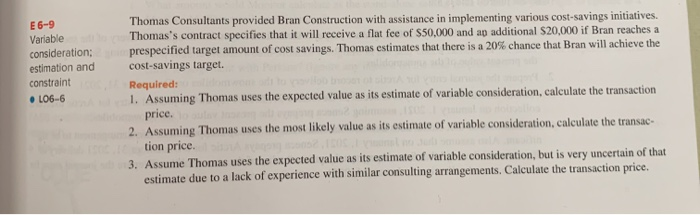 E6-9 Variable consideration; estimation and constraint L06-6 Thomas Consultants provided Bran