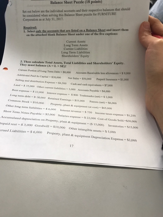  Balance Sheet Puzzle (18 points) be considered when solving this Balance