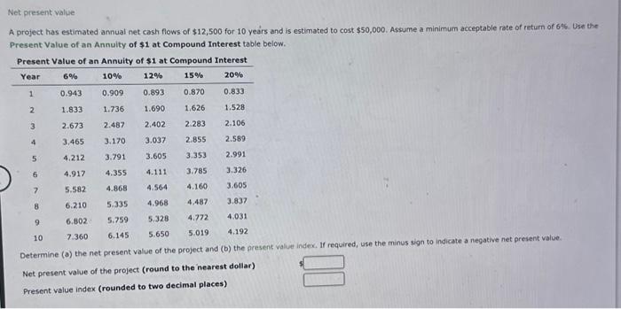  Net present value A project has estimated annual net cash flows