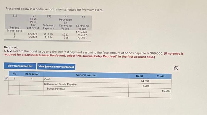  Presented below is a partial amortization schedule for Premium Pizza. (1)