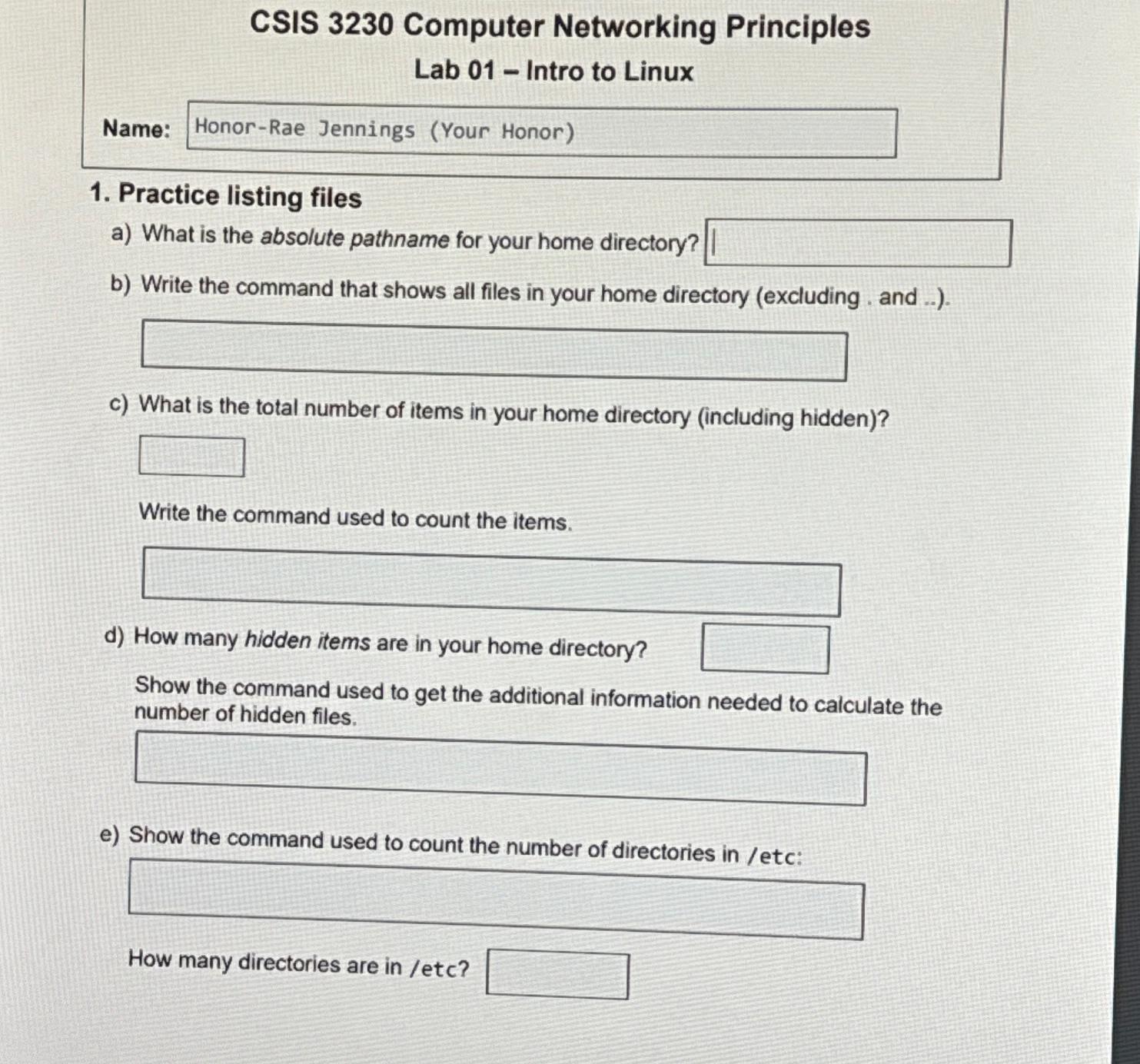  CSIS 3230 Computer Networking Principles Lab 01- Intro to Linux Name: