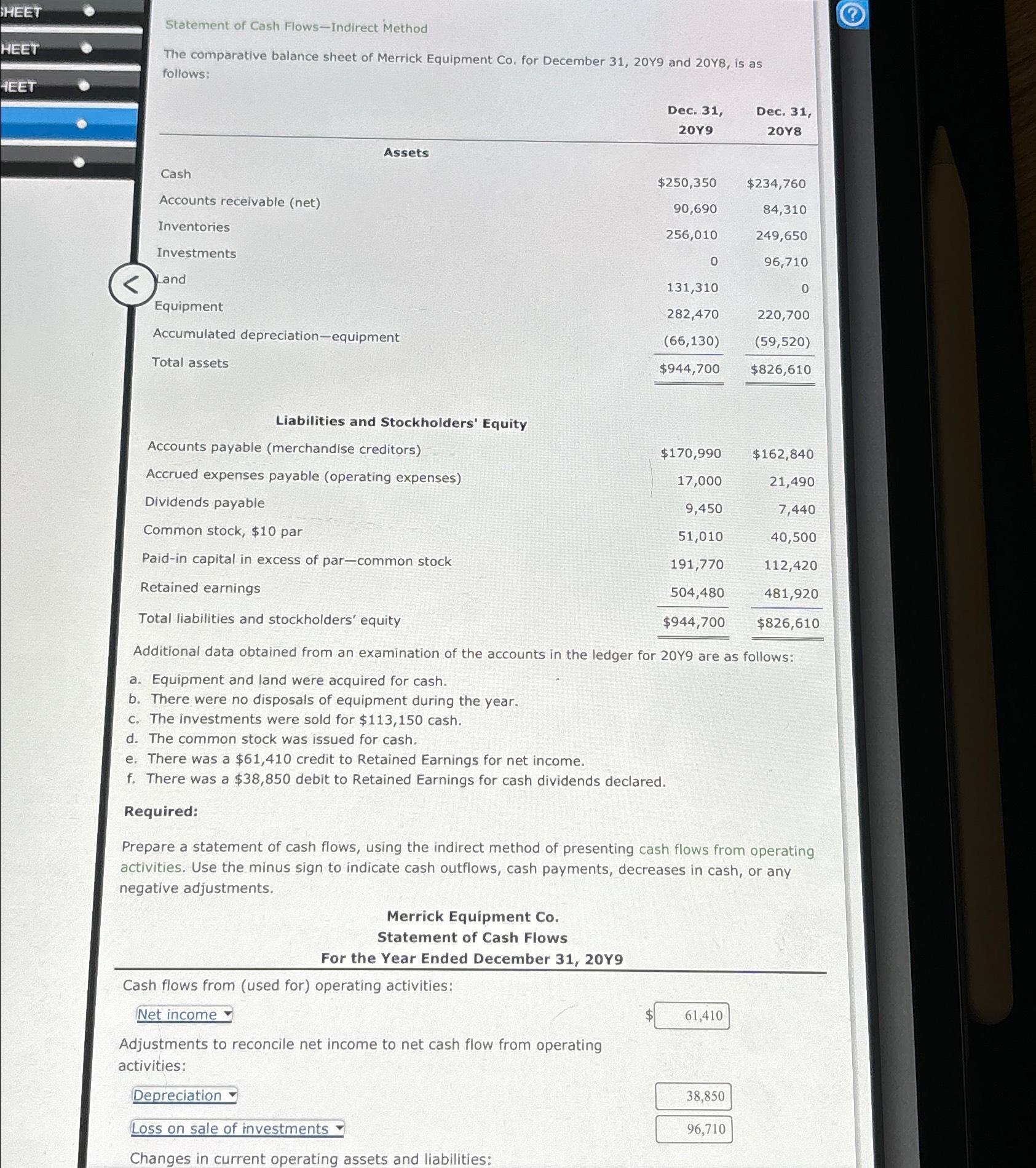  Statement of Cash Flows-Indirect Method The comparative balance sheet of Merrick