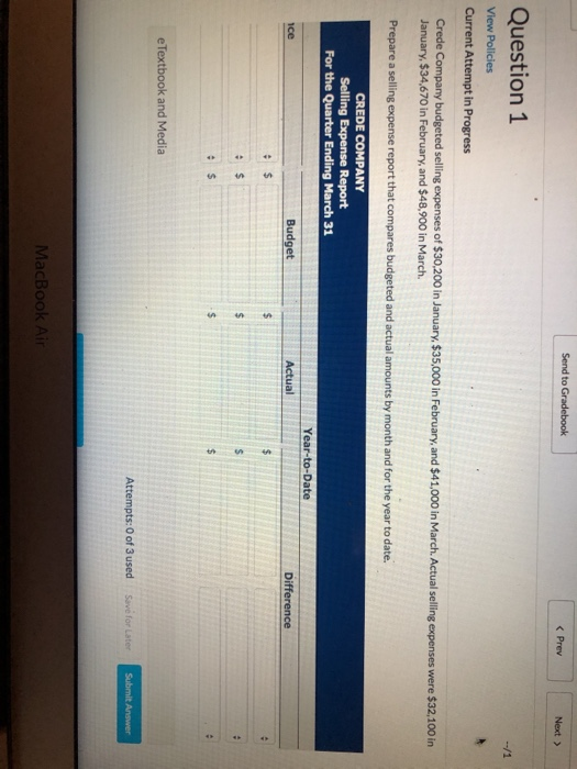 Question 1 View Policies Current Attempt in Progress Crede Company budgeted selling