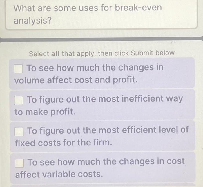  What are some uses for break-even analysis? Select all that apply,