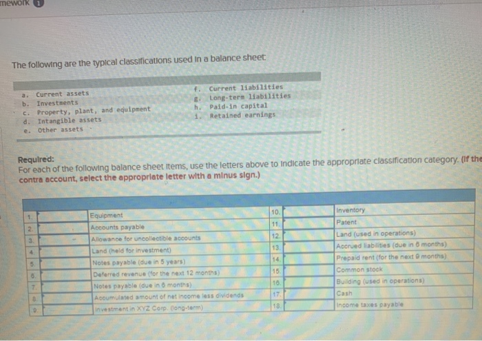  mework The following are the typical classifications used in a balance