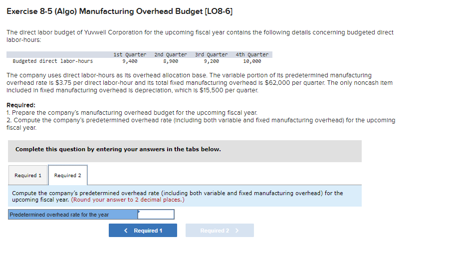Overhead Budget [LO8-6] The direct labor budget of Yuvwell Corporation for the