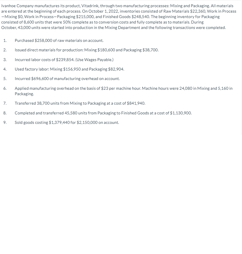 Type or paste question here Ivanhoe Company manufactures its product, Vitadrink, through