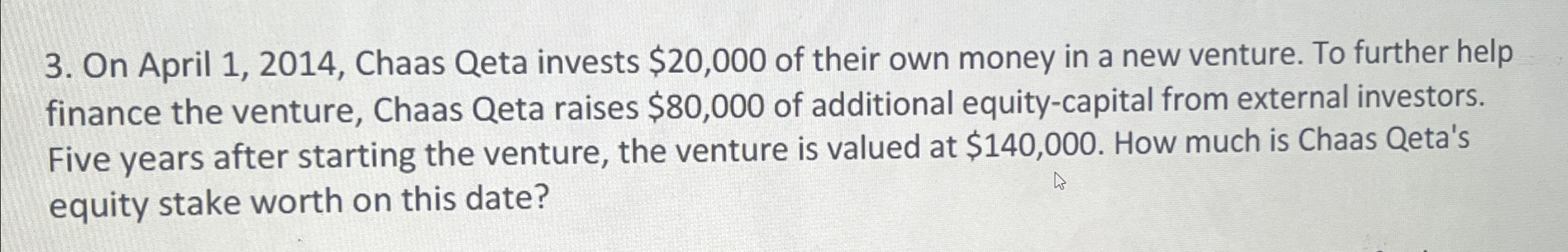  On April 1,2014, Chaas Qeta invests $20,000 of their own money