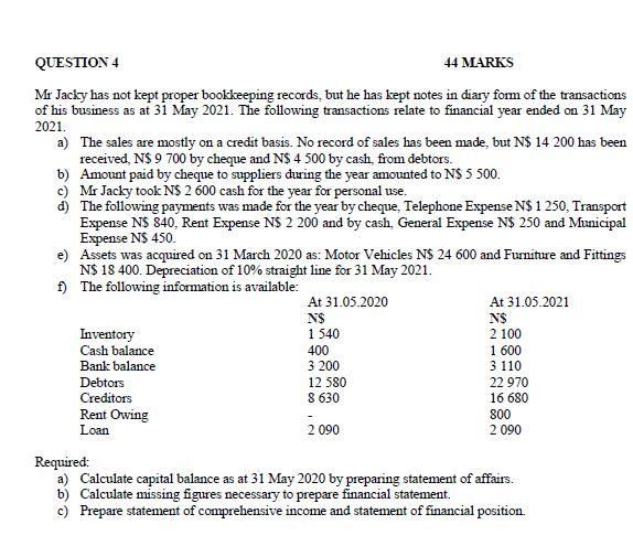 QUESTION 4 44 MARKS Mr Jacky has not kept proper bookkeeping