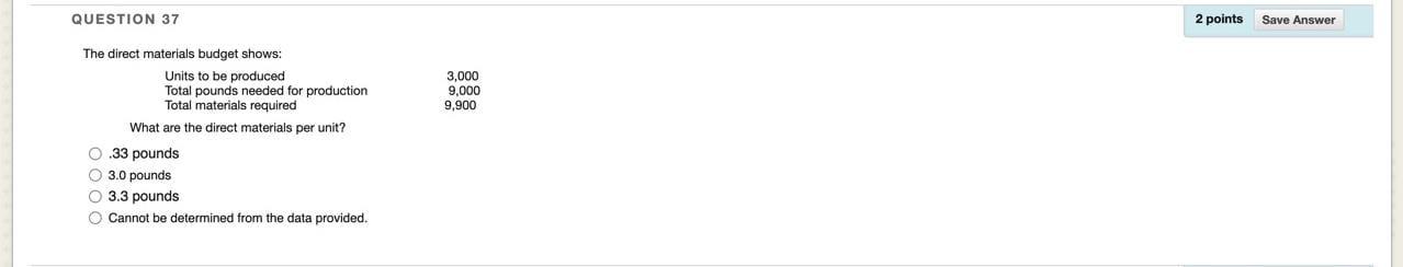 solve in 10min i will upvote QUESTION 37 The direct materials budget