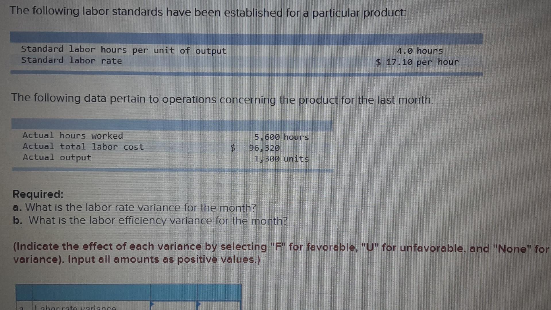 help please The following labor standards have been established for a