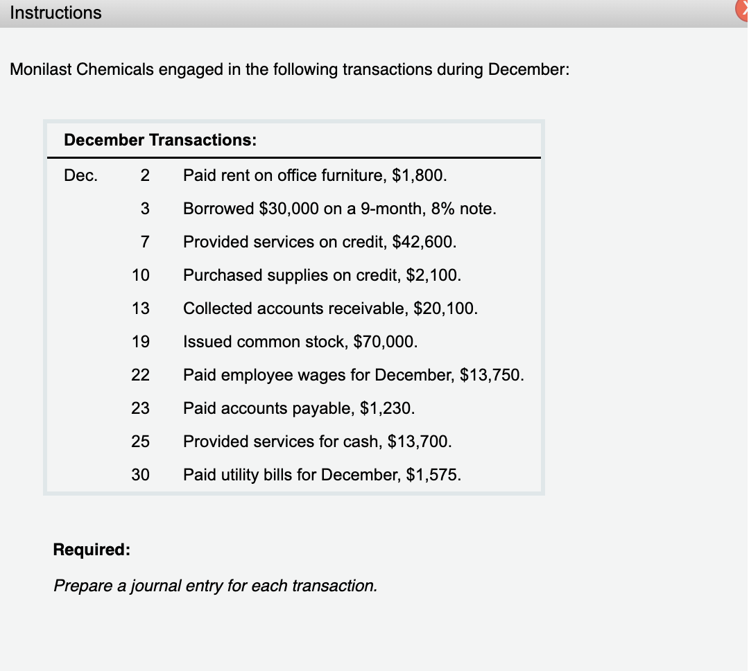 Make A journal- here is the format Monilast Chemicals engaged in the