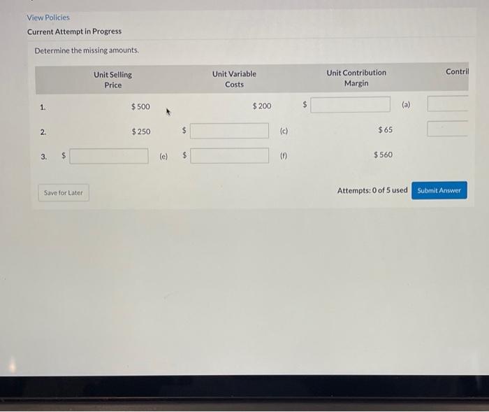  View Policies Current Attempt in Progress Determine the missing amounts. Contril