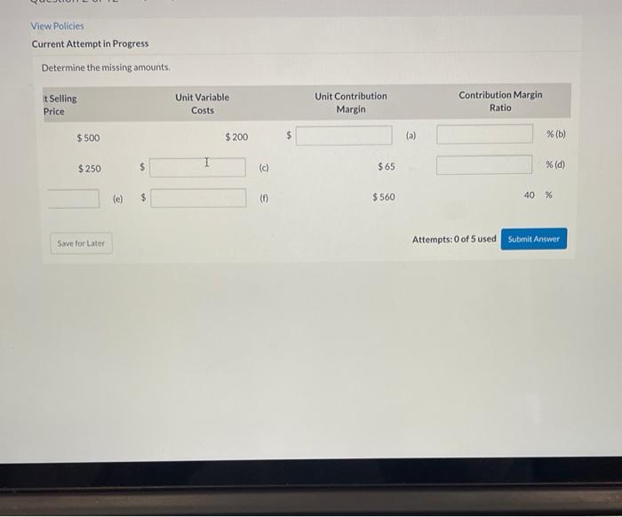 Unit Selling Price Unit Variable Costs Unit Contribution Margin 1. $ 500