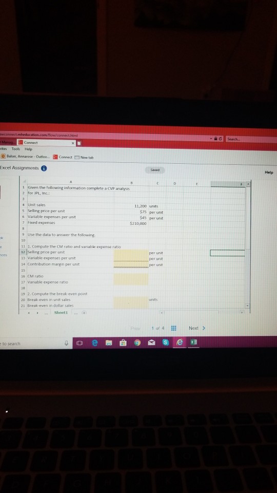 CVP Anelysis using Excel's Basic Math Functions JPl ic has provoen ns
