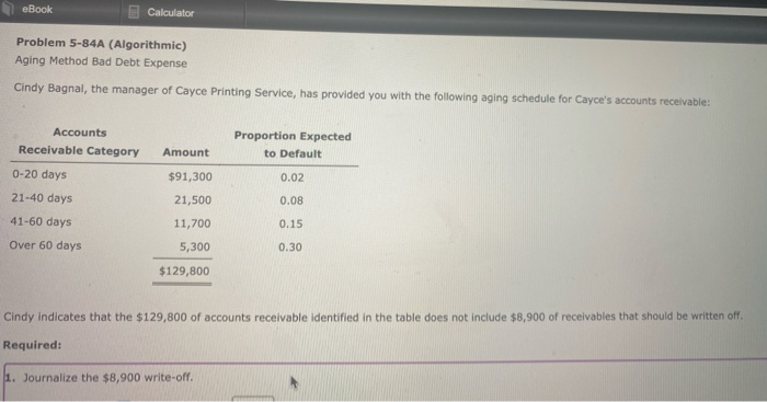  eBook Calculator Problem 5-84A (Algorithmic) Aging Method Bad Debt Expense Cindy
