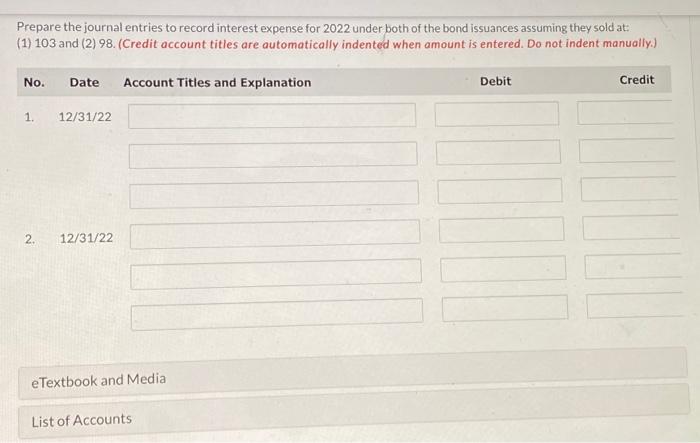 (1) 103 and (2) 98. (Credit account titles are automatically indented when