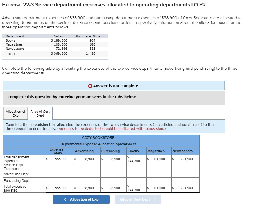 ask. Thanks. Exercise 22-3 Service department expenses allocated to operating departments LO