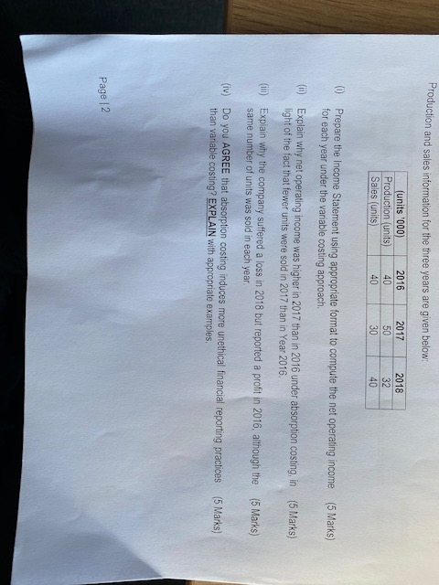 Production and sales information for the three years are given below: