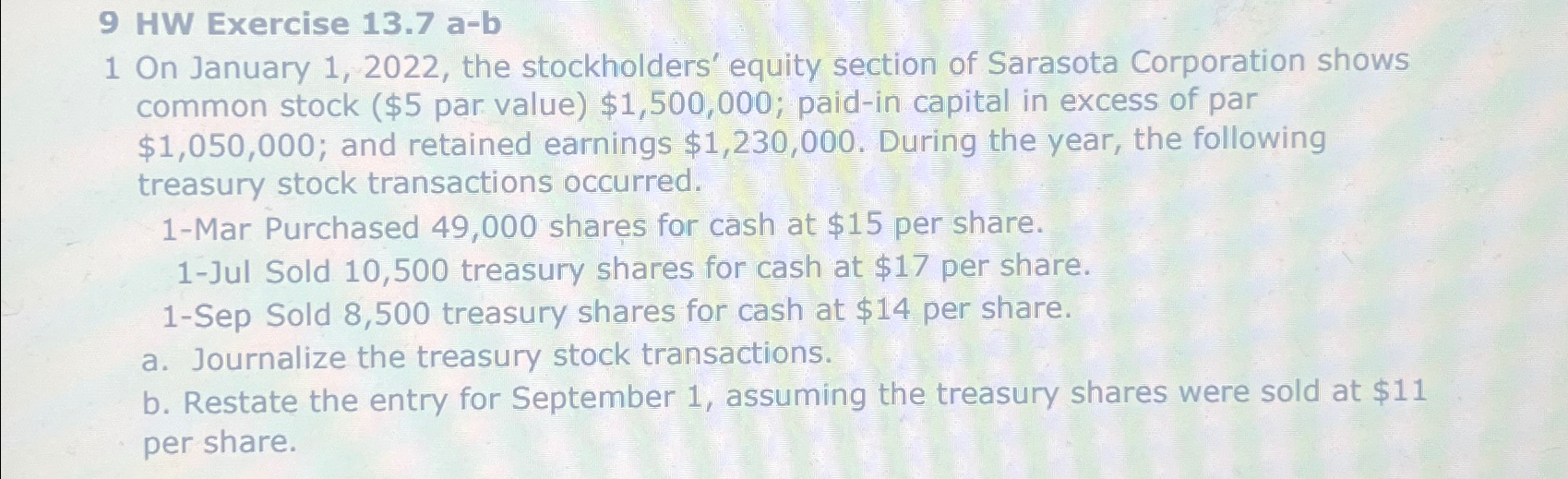  9 HW Exercise 13.7 a-b 1 On January 1,2022, the stockholders'
