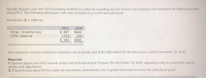  Spando Apparel uses the LIFO inventory method for external reporting and