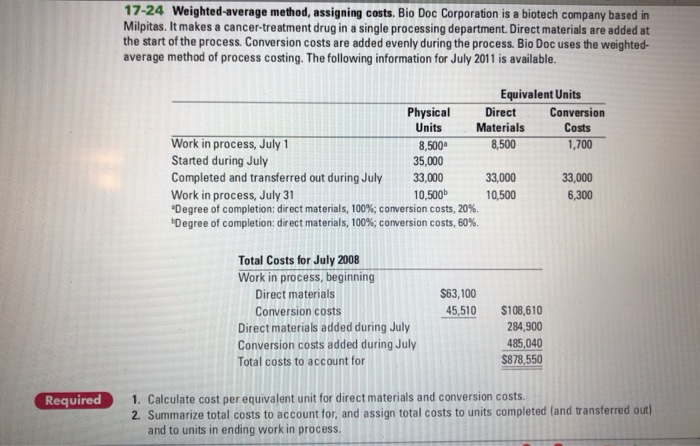  17-24 Weighted-average method, assigning costs. Bio Doc Corporation is a biotech