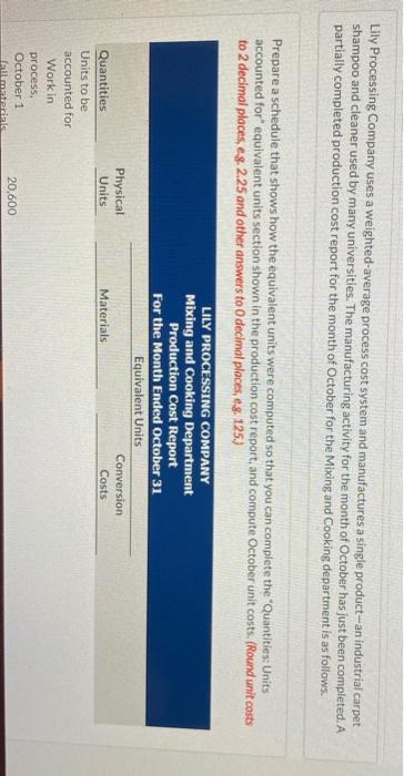  Lily Processing Company uses a weighted average process cost system and