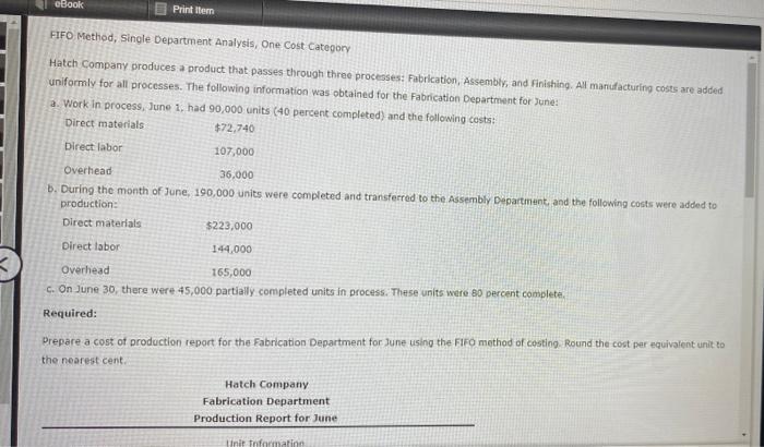  eBook Print item FIFO Method, Single Department Analysis, One Cost Category