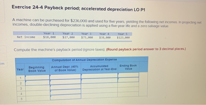  Exercise 24.4 Payback period: accelerated depreciation LO P1 A machine can