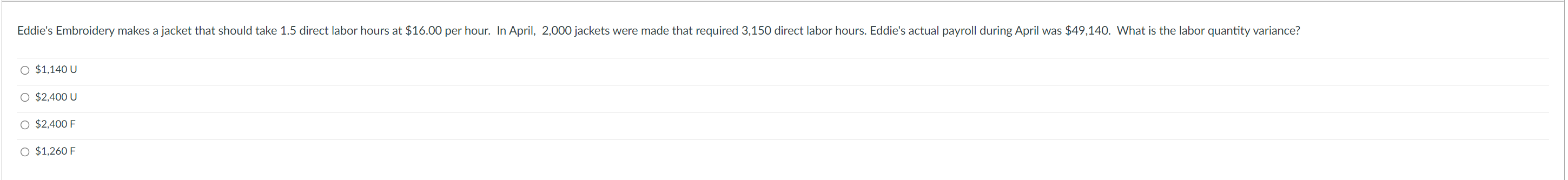  Eddie's Embroidery makes a jacket that should take 1.5 direct labor