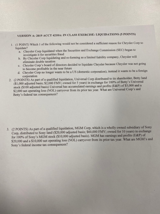  VERSION A: 2019 ACCT 4210A: IN CLASS EXERCISE: LIQUIDATIONS (5 POINTS)
