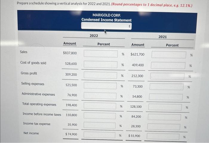 showing a vertical analysis for 2022 and 2021. (Round percentages to 1
