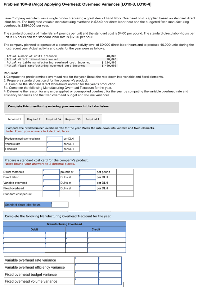  Problem 10A-8(Algo) Applying Overhead; Overhead Variances [L010-3, LO10-4] Lane Company manufactures