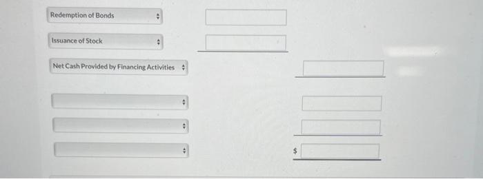 sign e.g. Redemption of Bonds issuance of Stock Net Cash Provided by