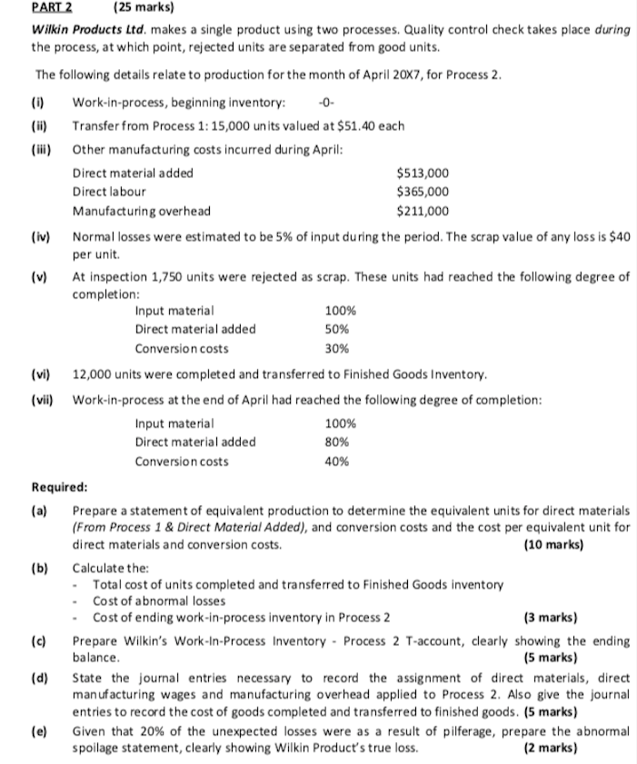  PART 2 (25 marks) Wilkin Products Ltd. makes a single product