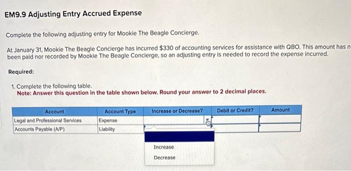  EM9.9 Adjusting Entry Accrued Expense Complete the following adjusting entry for