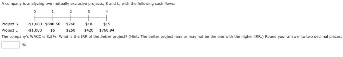 A company is analyzing two mutually exclusive projects, S and L,