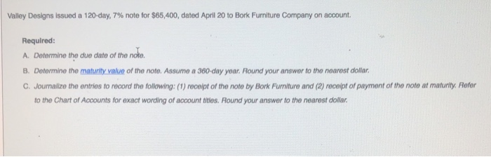 Valley Designs a 120day, 7% note for $65,400 dated April 20 to
