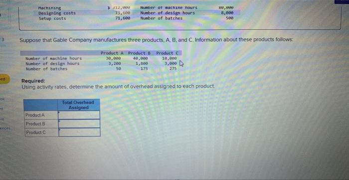a cost driver. Information for Gable Company follows. Suppose that Gable Company