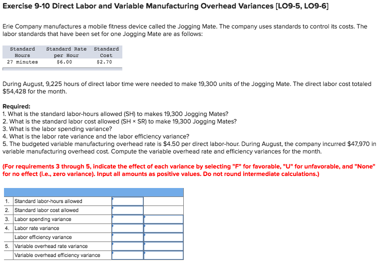  Exercise 9-10 Direct Labor and Variable Manufacturing Overhead Variances [LO9-5, LO9-6]